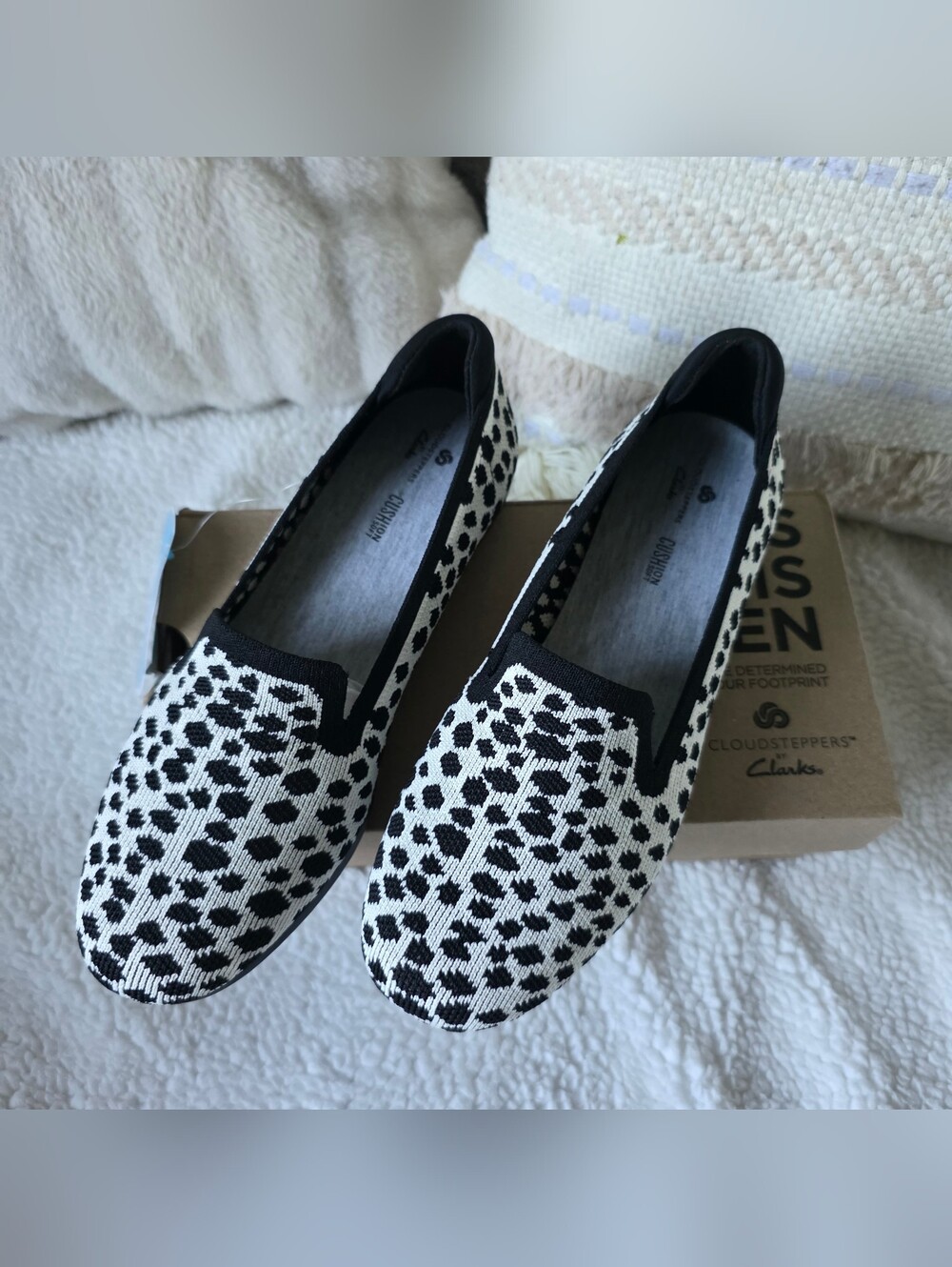 Clarks Women’s Black & White Leopard Knit Slip-On Flats